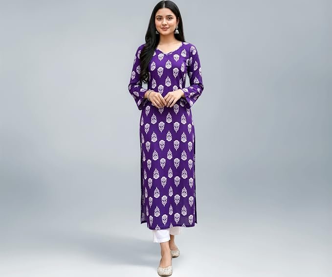 Jaipur Fashion Women's Rayon Kurti, Purple, Floral Block Print, Full Sleeve, Straight Kurta
