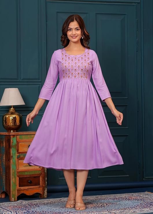 Women Anarkali Embroidery Designer Kurti Lavendar