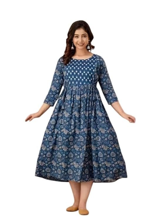 Women's Blue Floral Printed Cotton Anarkali Kurta, 3/4 Sleeves