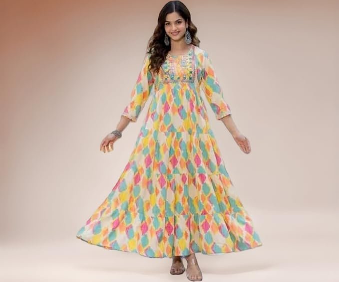 Women's Anarkali Kurta Dress, Floral & Paisley Print, 3/4 Sleeve