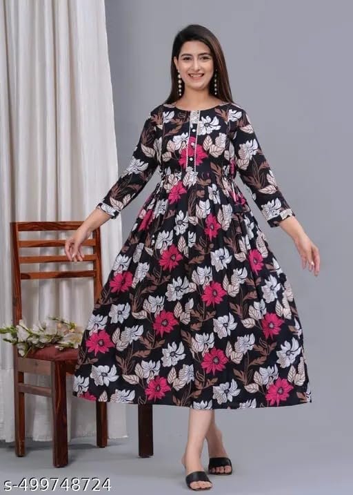 Women's Anarkali Kurta Dress, Floral & Paisley Print, 3/4 Sleeve