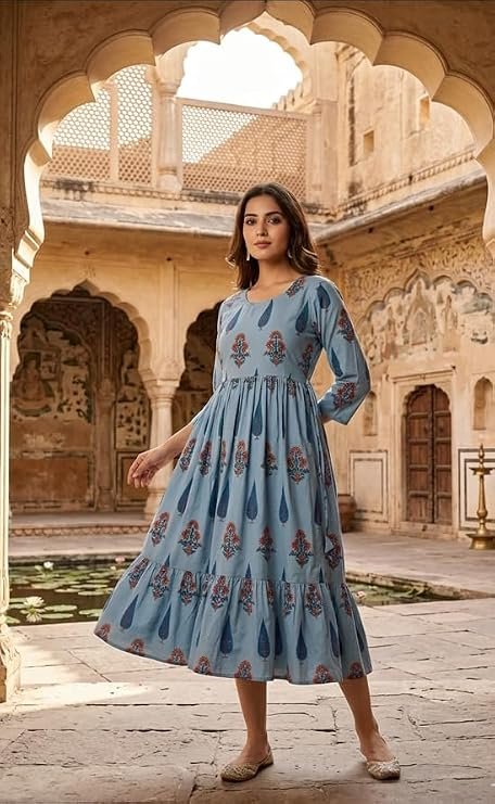 Women's Blue Printed Cotton A-Line Kurti, 3/4 Sleeves, Ethnic Wear for Daily and Office Wear