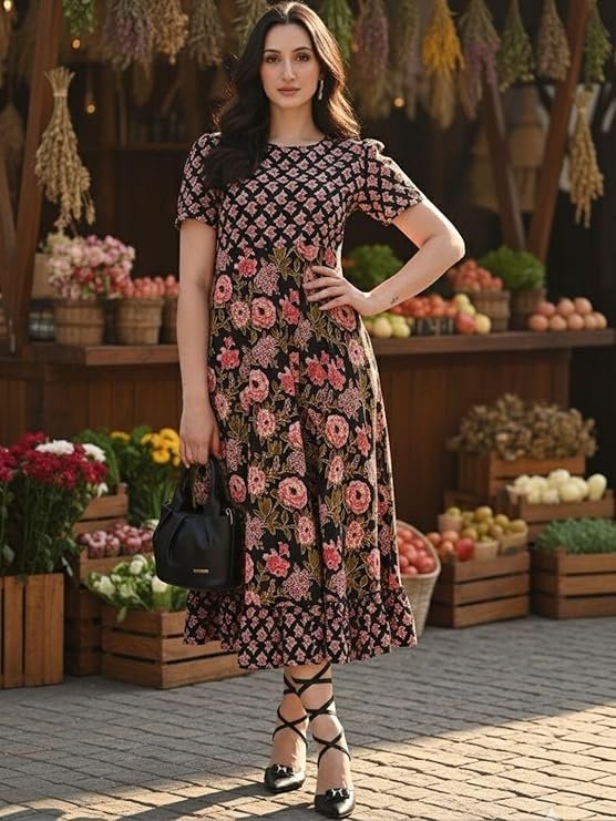 Women's Floral Print Maxi Dress, Black with Pink Flowers, Short Sleeve, A-Line Style