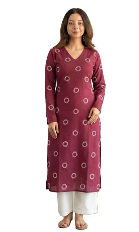 Women's Printed Straight Kurta with V-Neck