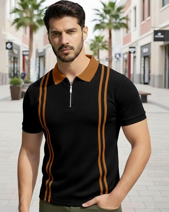 AUSK Men Casual T-Shirt, Texture Printed Half Sleeve Tshirt for Mens, Polo Tshirt for Boys