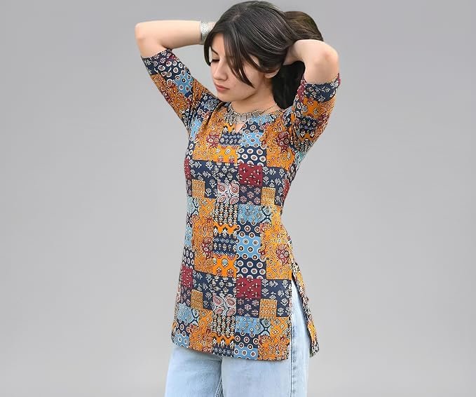 Pinkmint Women Printed Short Kurti Cotton Blend Tunic Top Notch Neck & 3/4 Sleeves