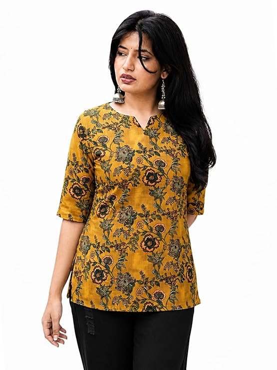 Pinkmint Women Printed Short Kurti Cotton Blend Tunic Top Notch Neck