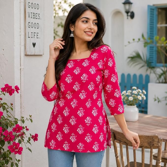 Saz Vibes Kurti for Women - Short Printed Kurtis for Girl|Trendy Casual Top | Lakhnawi Tunic Top Kurta Design for Ladies| Woman Ethnic Kurthiswith 3/4 Sleeve-Pink