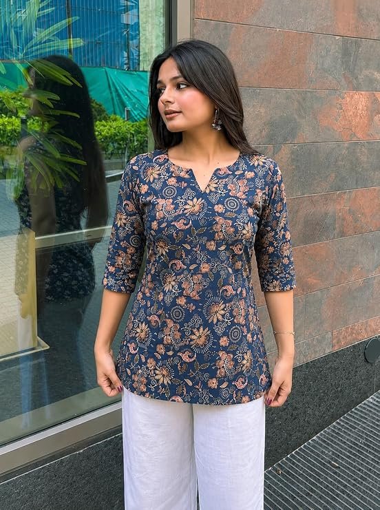 Pinkmint Women's Floral Printed Cotton Blend Kurti for Women | Straight Fit Short Kurta | 3/4 Sleeve Ethnic Top Available in Plus Size