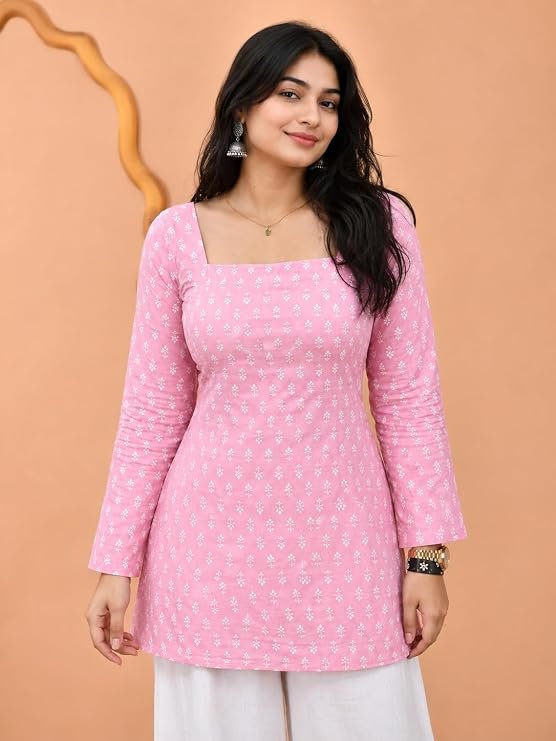 Women's Short Kurti for Women | Square Neck Floral Printed Kurti | Full Sleeve Casual Kurti Top | Stylish Ethnic Tunic for Jeans | Regular Fit Office Wear