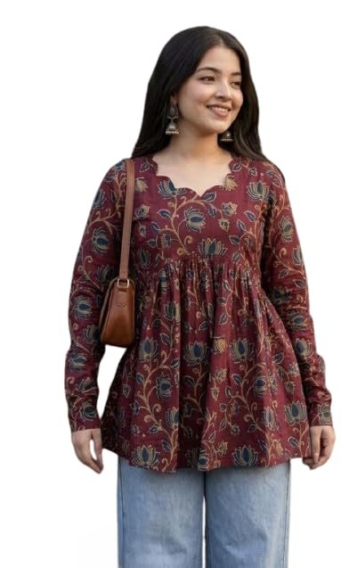 Printed Rayon Fancy Neck Cotton Top Short Kurti for Womens Kalamkari Printed Short top Peplum Top Short Flared Tunics for Womens Color Short Kurtis for Jeans