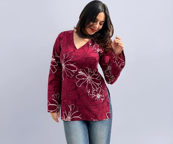 Women Rayon Printed Short Kurti for Women | Floral V Neck Short Kurta Top | Full Sleeve Casual Kurti for Girls & Women