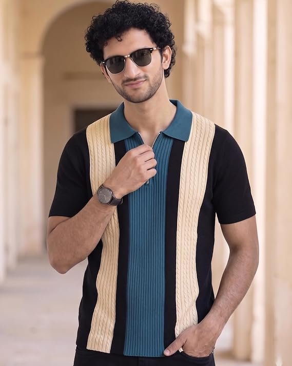 AUSK Men's Zip Collar Polo Tshirt | Cotton Rich Material | Half Sleeves | Modern Knit Panel Work | Regular Fit