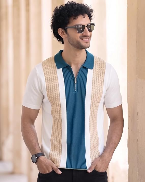 AUSK Men's Zip Collar Polo Tshirt | Cotton Rich Material | Half Sleeves | Modern Knit Panel Work | Regular Fit