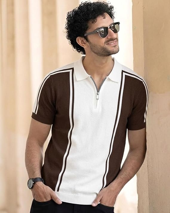 AUSK Men's Classic Polo T-Shirt | Zip Collar | Half Sleeves | Two-Tone Stripe Panel | Regular Fit