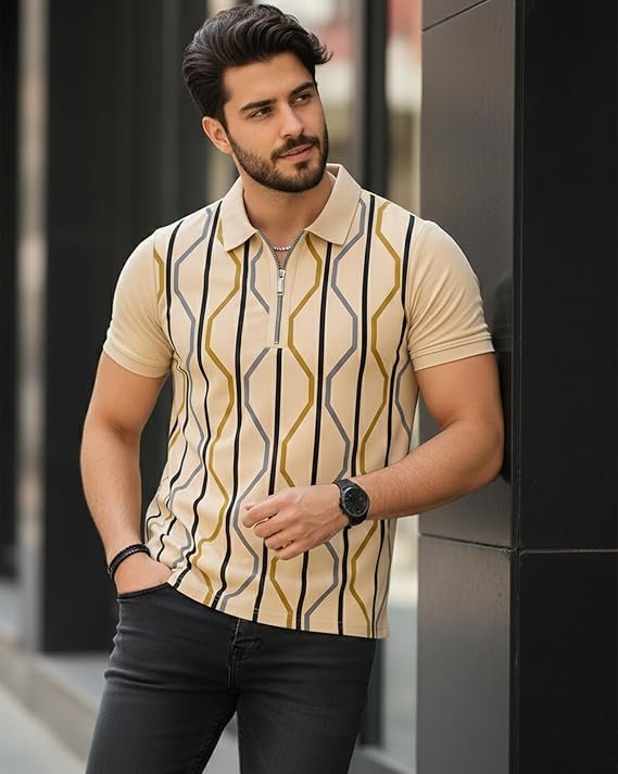 AUSK Men T-Shirts with Polo Collar with Zipper Half Sleeve Casual Tshirts