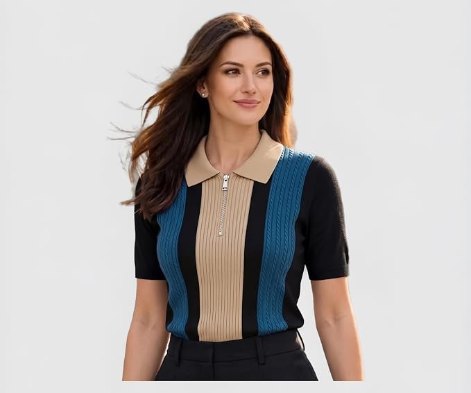 AUSK Women’s Casual Summer Polo Knit T-Shirt | Zip Collar Top | Half Sleeves | Ribbed Panel Design | Lightweight Comfort | Regular FiT
