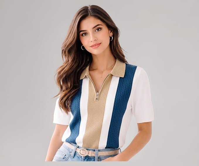 AUSK Women’s Casual Summer Polo Knit T-Shirt | Zip Collar Top | Half Sleeves | Ribbed Panel Design | Lightweight Comfort | Regular FiT