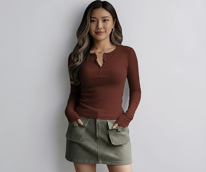 Dream Beauty Fashion Women's Long Sleeve Slim Fit Top/T-Shirt Henley Neck Casual (BZF-Top-Saiyaara-1)