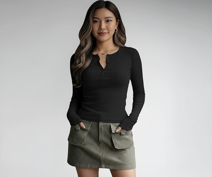 Dream Beauty Fashion Women's Long Sleeve Slim Fit Top/T-Shirt Henley Neck Casual (BZF-Top-Saiyaara-1)