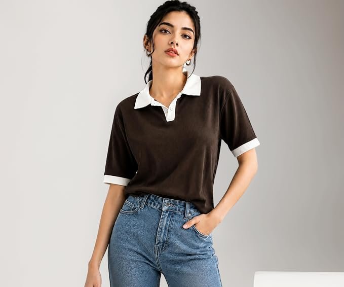 BLACK BUDDY Women's Ribbed Polo T-Shirt, Short Sleeve, Contrast Collar and Cuffs, Casual Woman ToP