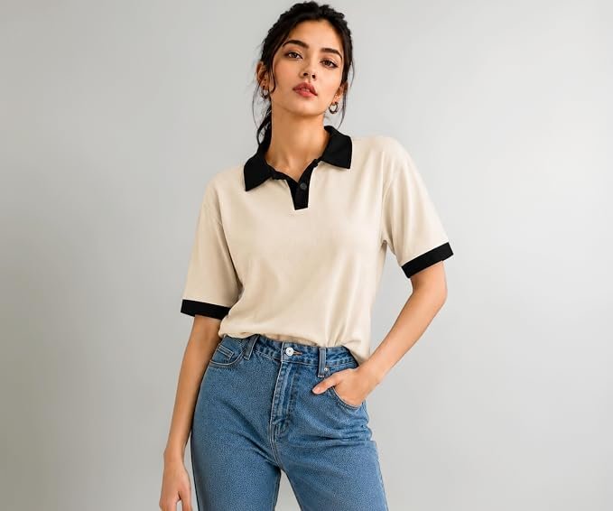BLACK BUDDY Women's Ribbed Polo T-Shirt, Short Sleeve, Contrast Collar and Cuffs, Casual Woman ToP