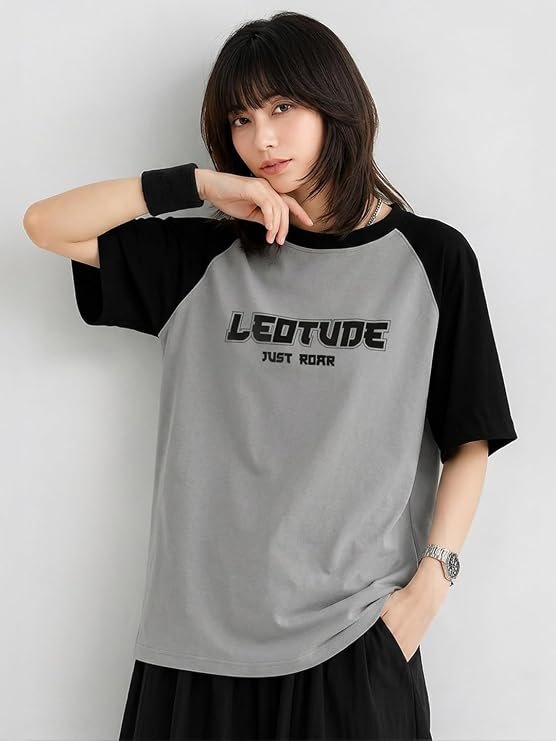 LEOTUDE Half Sleeve Round Neck Tshirt for Women, Oversized Longline