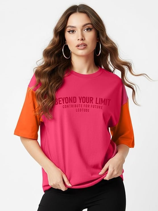 LEOTUDE Half Sleeve Round Neck Tshirt for Women, Oversized Longline