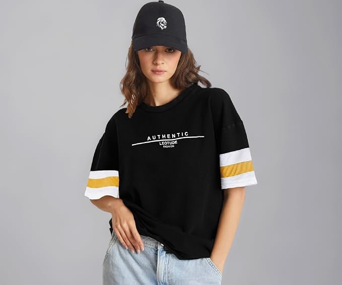 LEOTUDE Men's Cottoblend Half Sleeve Printed Oversized Drop Shoulder T-Shirt (Black Color)