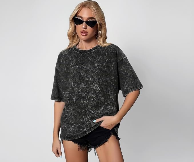 boffi ... Women's Casual Cotton T-Shirt Drop Shoulder Trendy Look Coton Acid Wash, Acid Wash Blue, Oversized Fit
