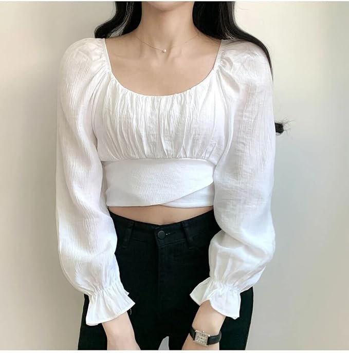 Women's Cotton Blended Crop Top | Round Neck, Puff Sleeves and Ruched Front Design Top for Women and GirlS