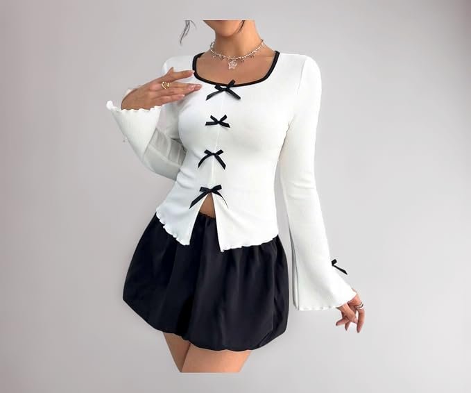 Women Deep Neck Binding Full Sleeve Crop Top, Slim Fit Stretchable Lycra Fabric Stylish Top for Girls, Korean Style Trendy ToP
