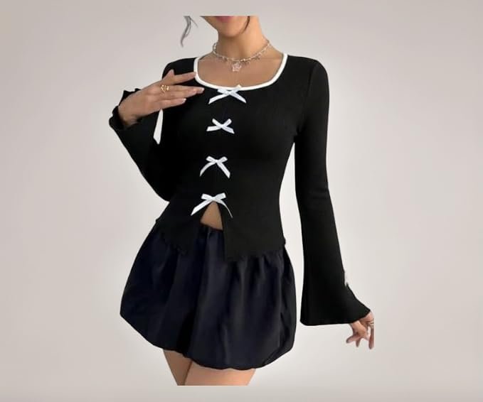 Women Deep Neck Binding Full Sleeve Crop Top, Slim Fit Stretchable Lycra Fabric Stylish Top for Girls, Korean Style Trendy ToP