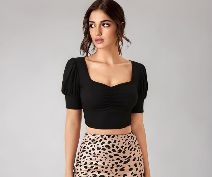 Istyle Can Sweetheart Neck Ruched Front Puff Sleeve/Half Sleeve Streachable Solid/Plain Slim Fit Crop top for Women | Women's Slim FIT Crop TOP | Tops for Women