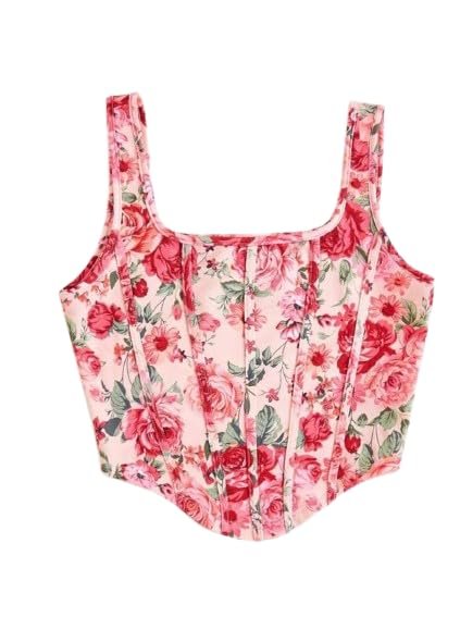 Floral Print Corset Crop Top, Blue Rose Pattern, Sleeveless Tank Top with Wide Straps