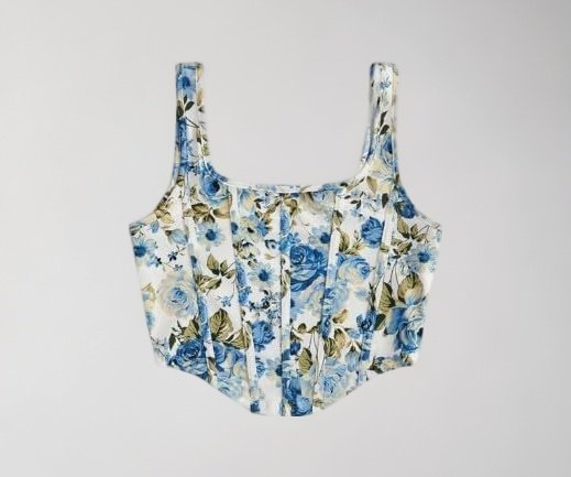 Floral Print Corset Crop Top, Blue Rose Pattern, Sleeveless Tank Top with Wide Straps
