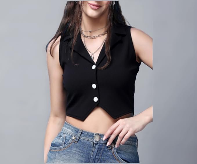 POPWINGS Polyester Casual Solid V-Neck Sleeveless Button Closure Waistcoat Regular Fit Crop Top for Women - Stylish Western Summer Wear