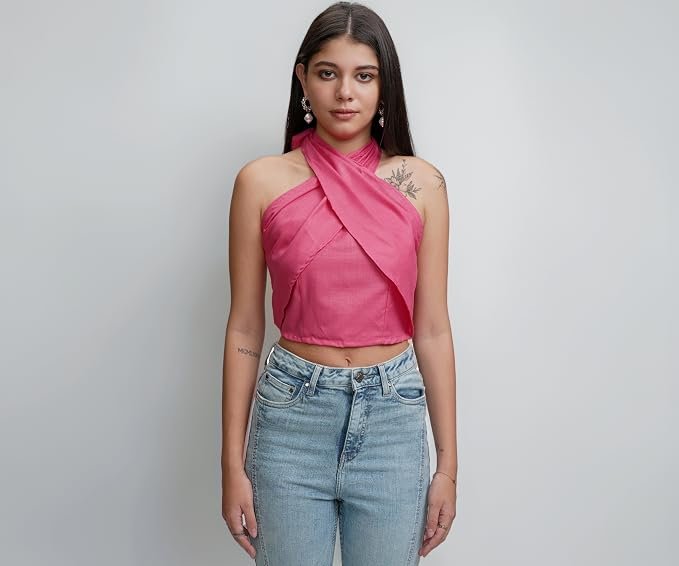 Tokyo Talkies Women's Halter Neck Crop Top | Snug & Flattering Fit with A Modern and Trendy Appeal | Tops for Woman | Women Tops | Women Crop Top