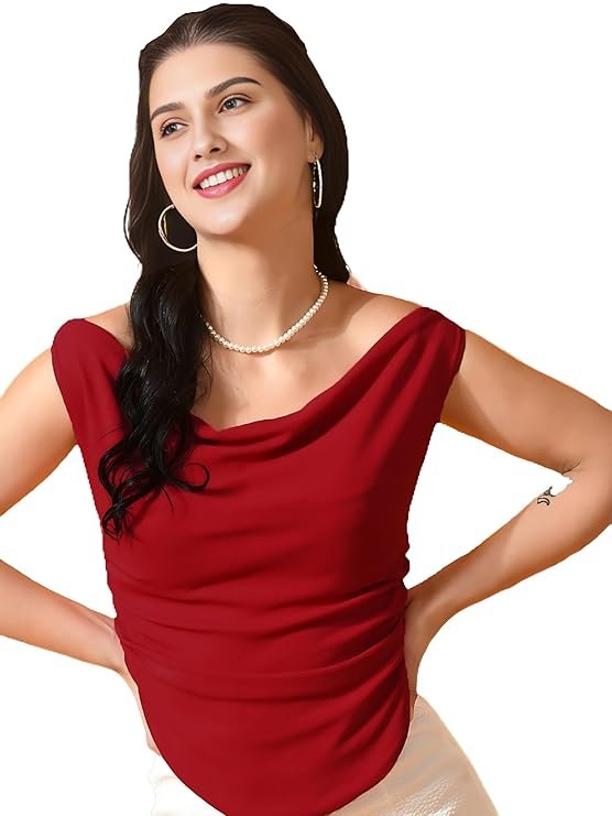 Istyle Can Women's Solid/Plain Asymmetric Hem Stretchable Draped Crop Top. Sleeveless, Single Shoulder, Off Shoulder, Cowl Neck, Crop Length