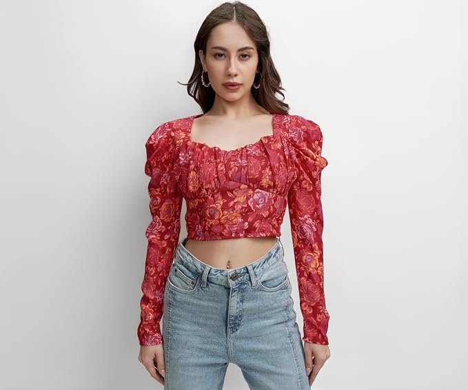 Tokyo Talkies Women's Floral Ruched Crop Top | Trendy Fitted Design with Vibrant Pink Print for A Chic Look | Tops for Woman | Women Tops | Women Crop Top
