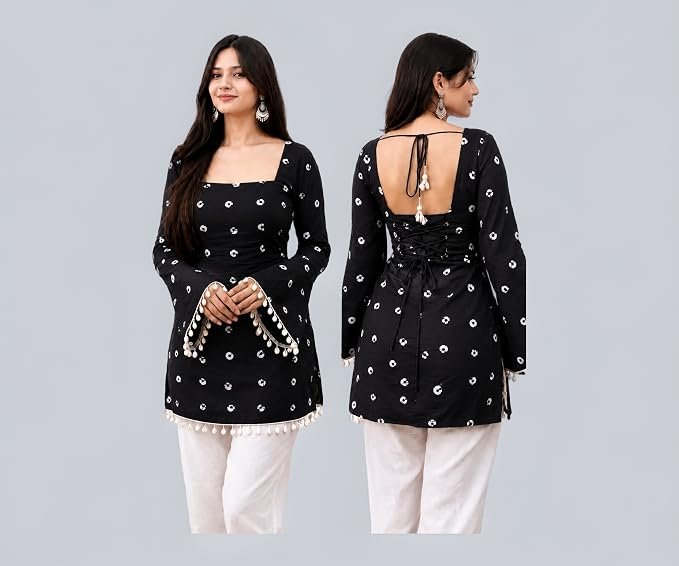 Women's Rayon Printed Short Kurti | Square Neck | Bell Sleeves | Lace-Up Back Design with Pom Pom Lace | Casual Ethnic Top for Daily Office College Wear