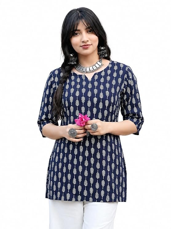 Pinkmint Women's Cotton Blend Printed Short Kurti | Regular Fit | Round Neck | Half Sleeve | Casual, Office Plus