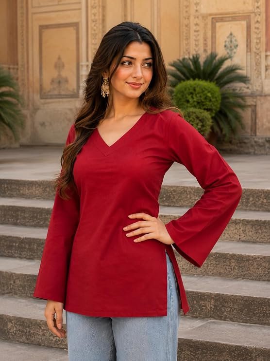 BLACK TEETAR Women's Cotton Short Kurti Black Solid Plain V Neck Full Bell Sleeve Casual Stylish Short Kurta for Women for Jeans Daily Girl Top