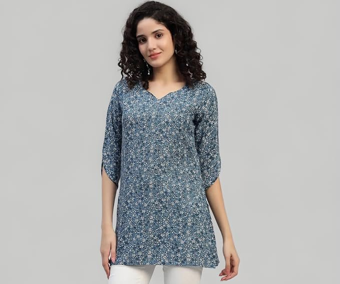 Women's Cotton Short Kurti 3/4 Sleeve for Casual & Office Wear | v Neck Kurtis for Women Tunic Tops for Womens | Kurta Shirt for Ladies
