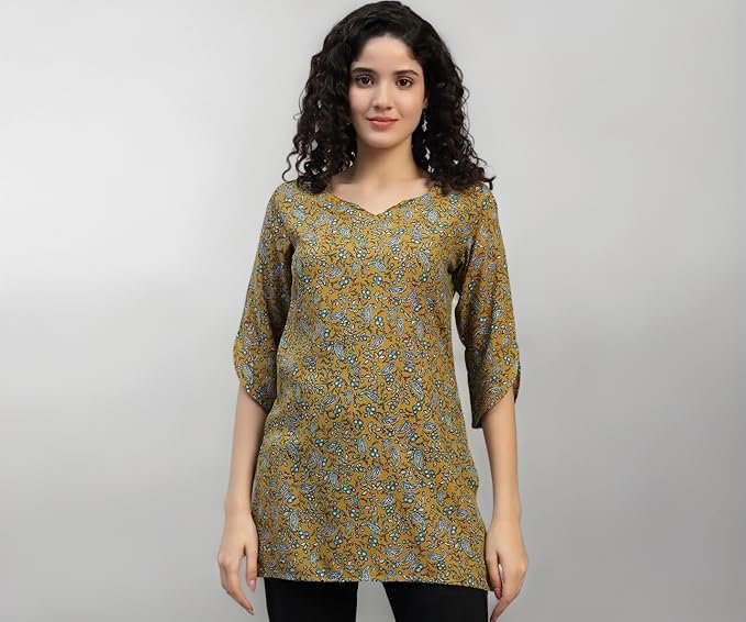 Women's Cotton Short Kurti 3/4 Sleeve for Casual & Office Wear | v Neck Kurtis for Women Tunic Tops for Womens | Kurta Shirt for Ladies