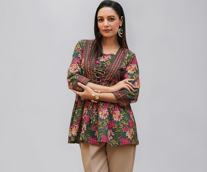 Women's Rayon V-Neck Printed Anarkali Short Kurti