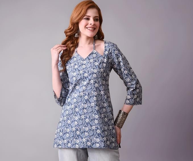 Daevish Cotton Floral Printed Halter Neck Casual Short Kurta for Women | Women Regular Short Kurti