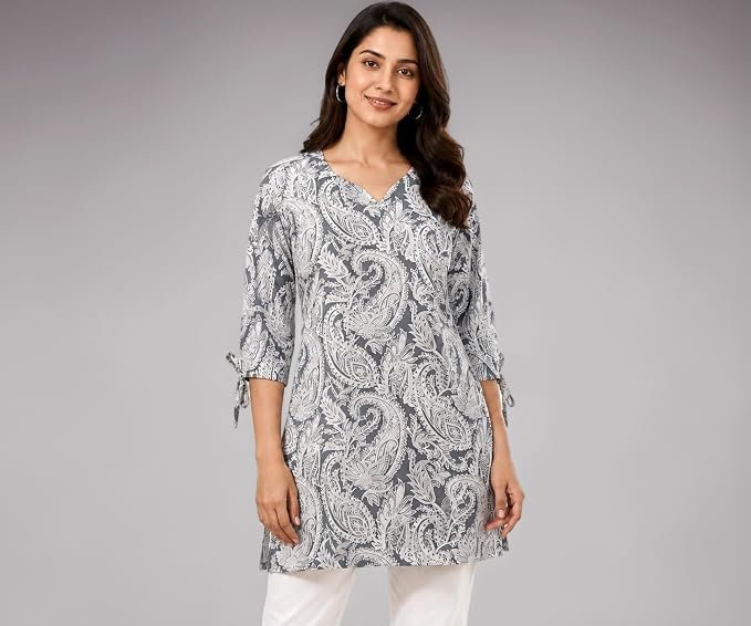 Women’s Pure Cotton Short Kurti with Print | Elegant V-Neck 3/4 Sleeve Straight Fit Tunic Top with Tie-Up Cuffs | Comfortable Casual, Office for Women