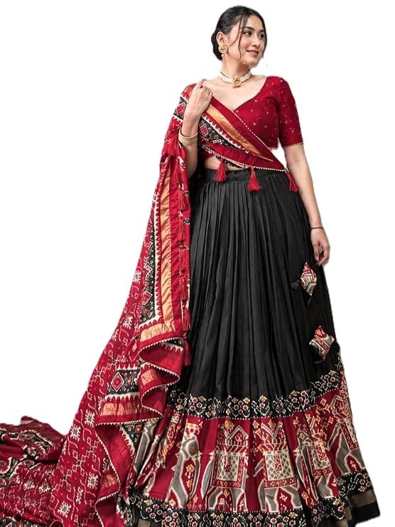 Women’s Stylish Tussar Silk Lehenga Choli with Printed Dupatta | Semi-Stitched Free Size Traditional Dress for PartY