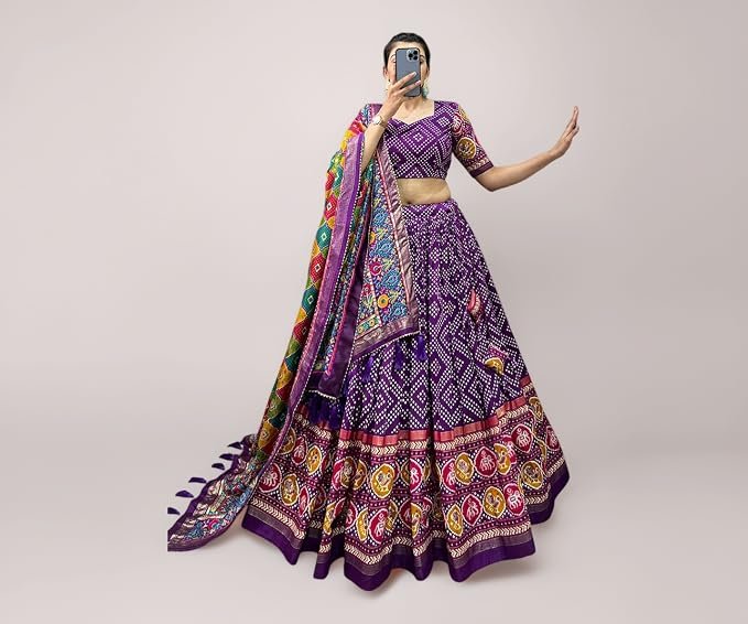 Women Tussar Silk Kalamkari Print With Foil Work Border With Lehriya Lehenga Choli Set || Free Size Available